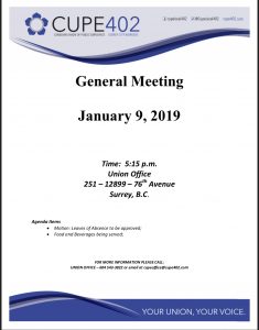January General Membership Meeting @ CUPE 402 Office