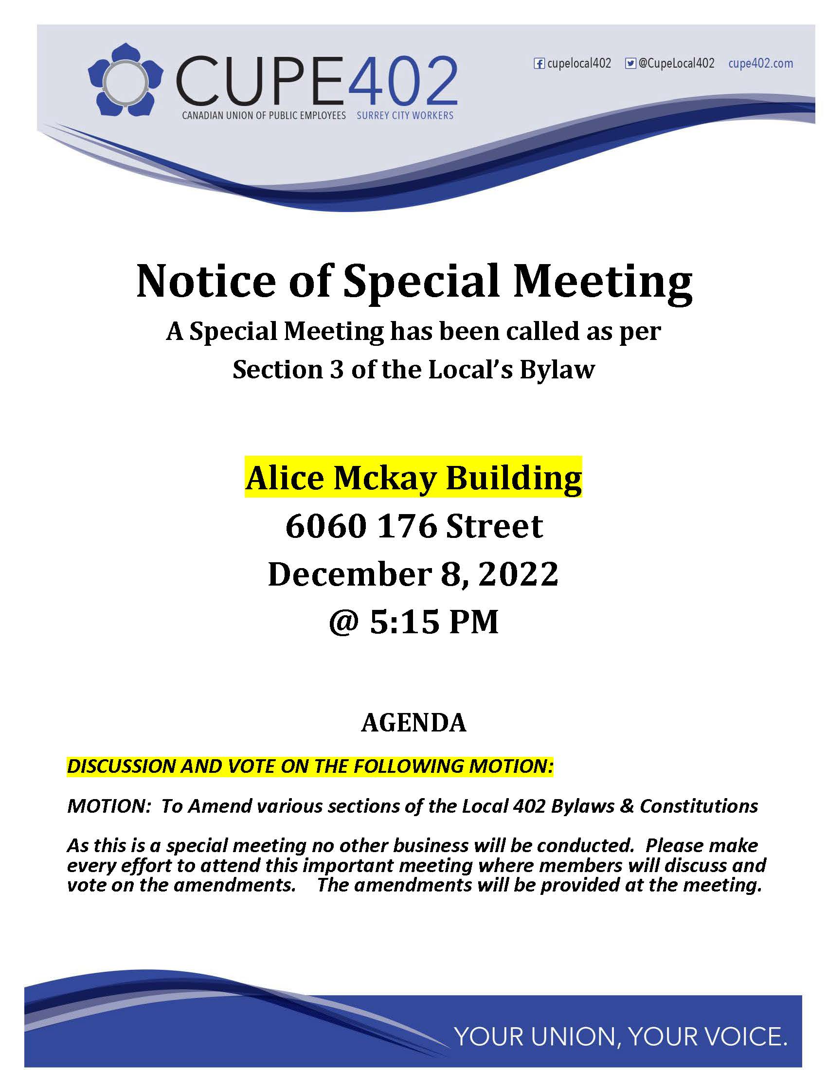 Notice of Special Meeting @ Alice McKay Building